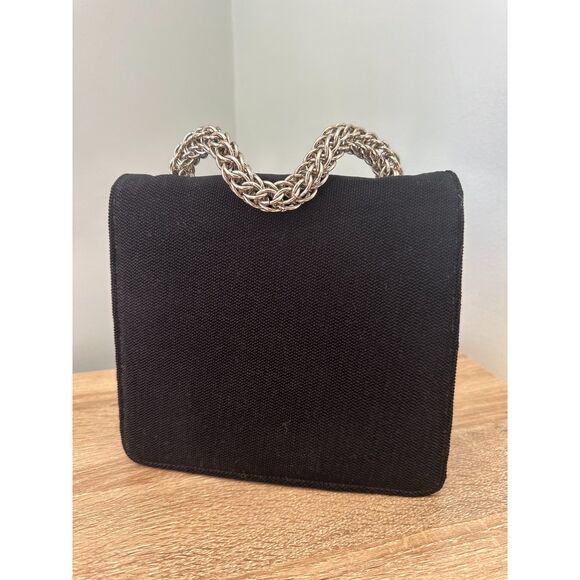 Sondra Roberts Vintage Black Evening Bag with Silver Chain Handle Clutch - Picture 3 of 11